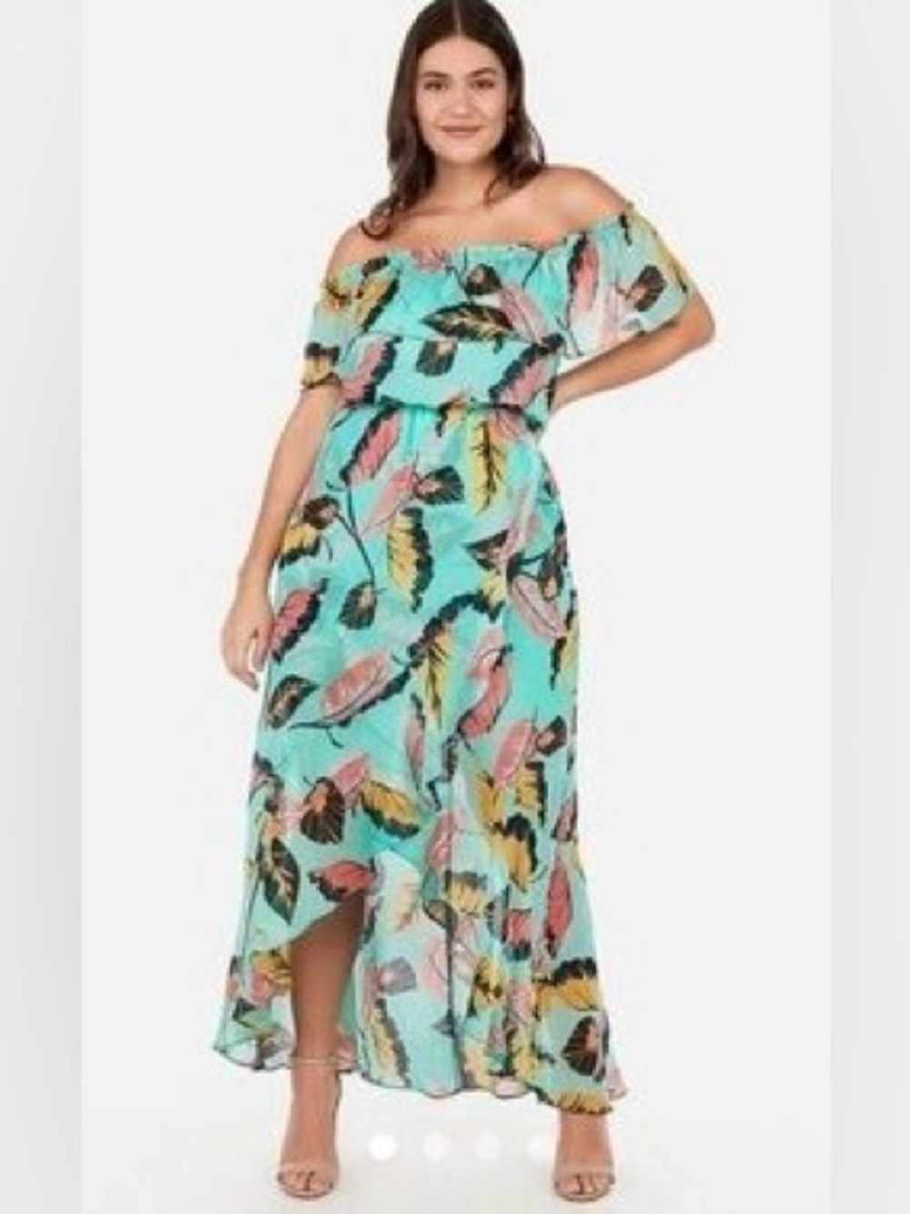Express Size S Off-Shoulder Aqua Tropical Floral Maxi Dress